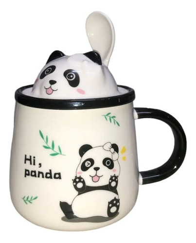 Mug Taza Pocillo Vaso Ceramica Tapa Y Cuchara Panda Hi,panda
