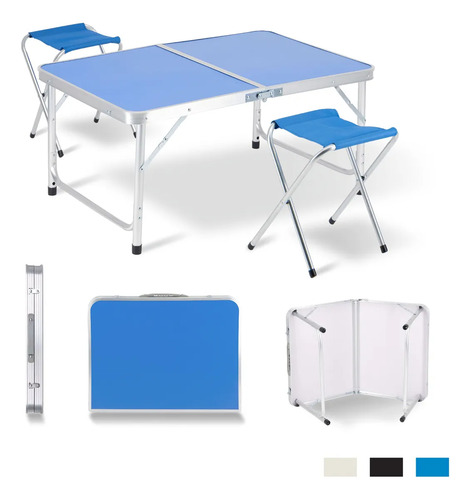 Mesa Plegable Portafolio 90cm Con 2 Sillas Portátiles Jardin Azul