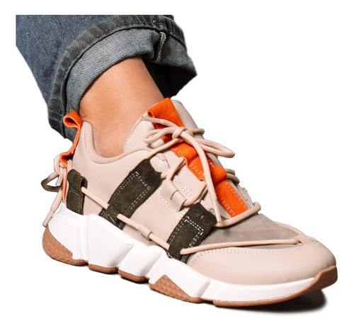 Zapatillas Mujer Urbanas Cuero Cordon Externo Moda Maria