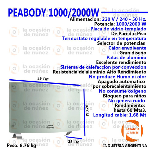 Imagen 2 de 6 de Calefactor Electrico Peabody Vitroconvector Mecanico 2000w