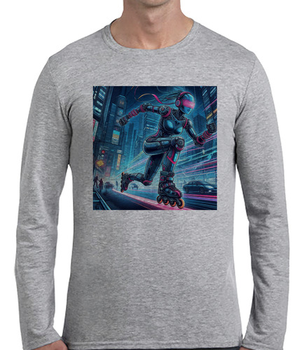 Remera Hombre Ml Robot Patines Rollers Patinadora Ciudad