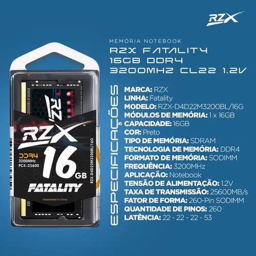 Memória Ram Notebook Rzx Gamer Fatality 16gb Ddr4 3200mhz
