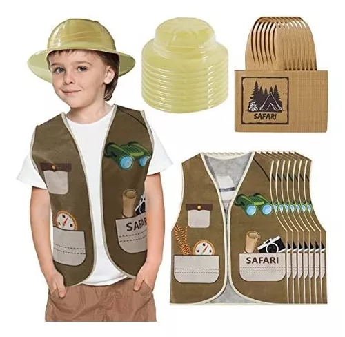 24 sombreros de fiesta de safari para niños y 24 piezas de chaleco  explorador disfraz de explorador para niños para fiesta de selva, safari,  fiesta