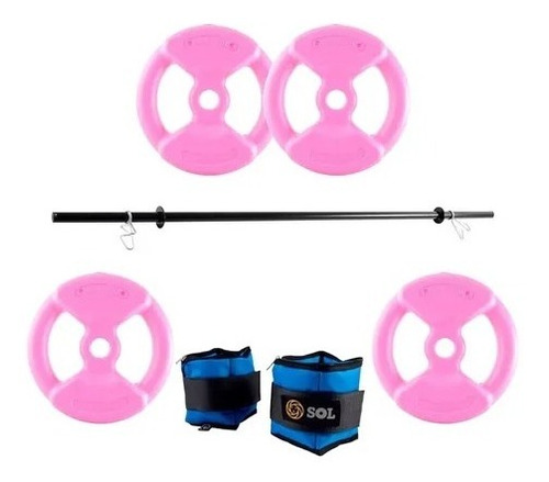 Kit Sport Maniac Barra 2 Tobilleras 4 Discos Rosas Pvc 22kg