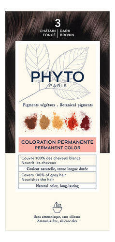 Phyto Color-3 Marrón Oscuro Cubre El 100% De Cabello Blanco