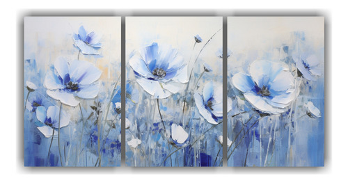 180x90cm Cuadro Tríptico Moderno De Flores En Blanco Y Azul