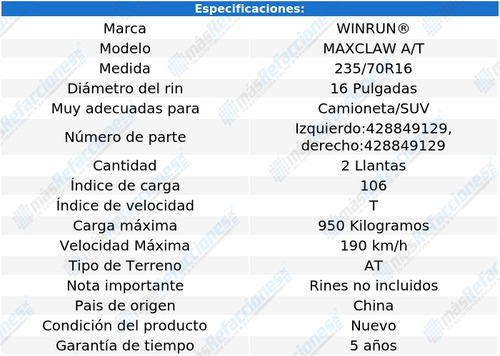 2 Llantas 235 70 R16 106t Winrun Maxclaw A/t