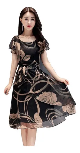 . Vestido Elegante Estampado De Gasa Sin Mangas Con Volantes