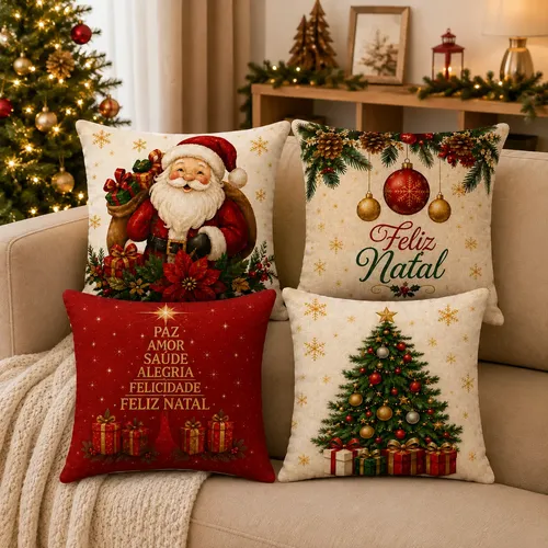 Kit 4 Capa Almofada Natal Papai Noel Decoração Natalina