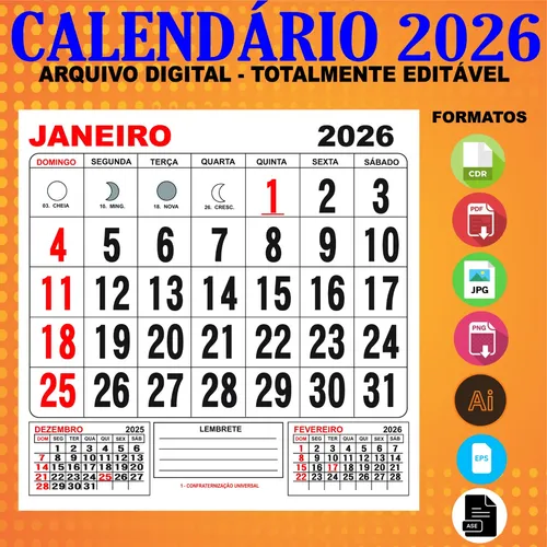 Calendário 2026 Arquivo Digital Editável Corel Illustrator
