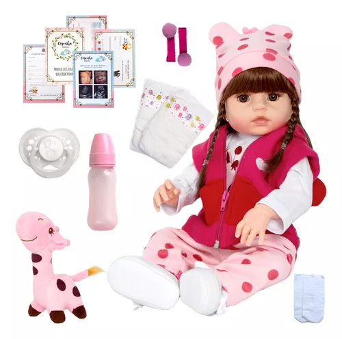 Boneca Bebê Reborn Silicone Menina Olhos Castanhos 48cm Com