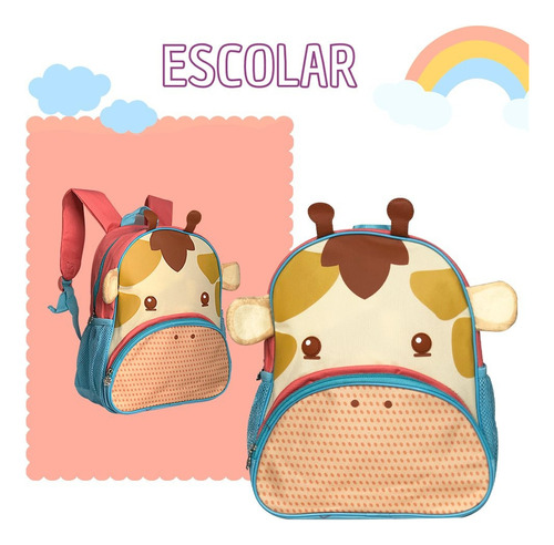 Mochila Infantil Escolar Passeio Casual Reforçada - Girafa Azul-celeste Girafa