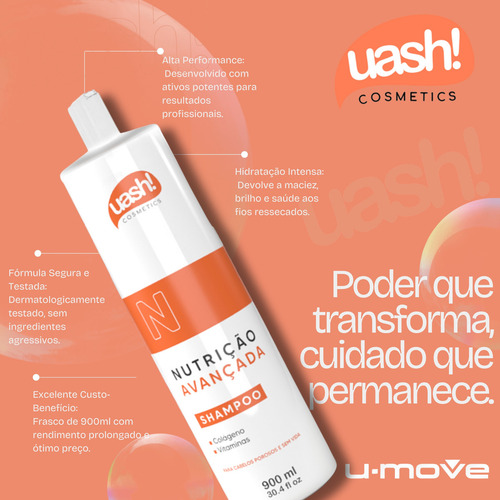 Shampoo Uash Nutrição Avançada 900ml Colageno E Vitaminas