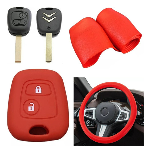 Cubre Volante + Funda Llave Silicona - Citroen C3 - Rojo