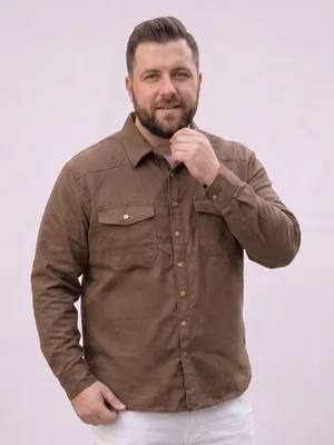 Camisa Masculina Sarja Plus Size Com Botões De Pressão Bolso Marrom G2