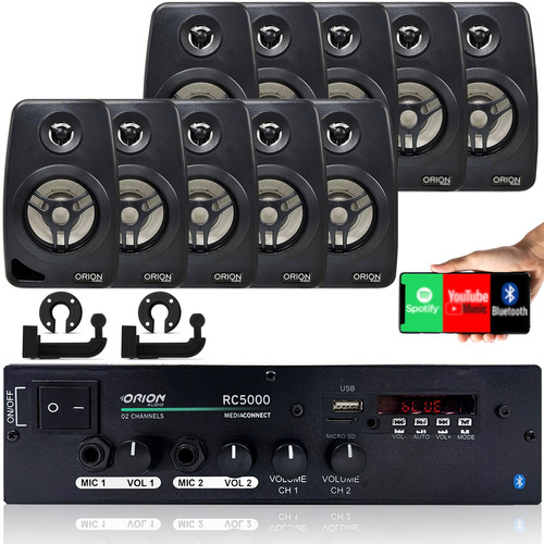 Kit Som Ambiente 10 Caixas Pretas + Receiver Bluetooth 