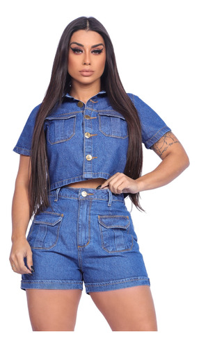 Conjunto Feminino Jeans Bolso Frontal Premium 100% Algodão
