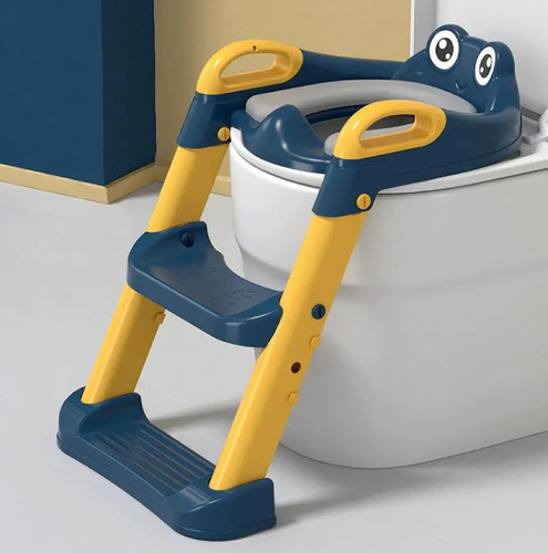 Asiento entrenador infantil con escalera Kiddos adaptador WC con colchon antideslizante ergonómico seguro plegable para niños o niñas color azul y amarillo