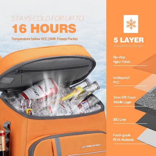 Mochila Hielera Capacidad 35 Latas Poliester Color Naranja