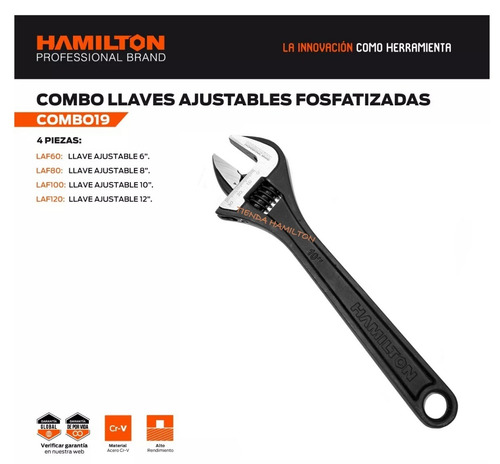 Imagen 3 de 5 de Llave Francesa Ajustables Fosfatizadas Hamilton Lan100 10''