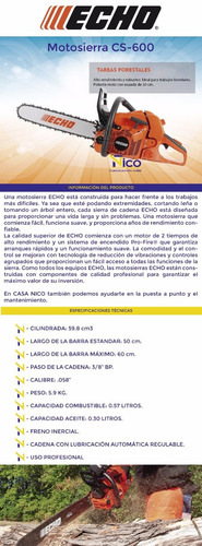 Imagen 3 de 4 de Motosierra Echo Cs 600 Forestal 18 - Zona Oeste