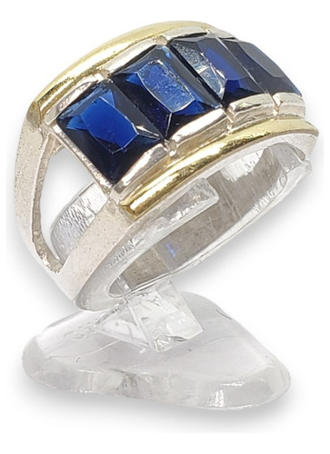 Anillo Plata Y Oro Piedra 4 Baguette Azul