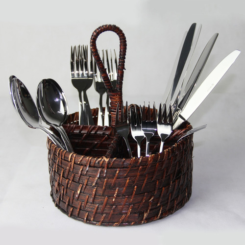 Porta Talher Rattan Marrom Escuro C/ Alça Rústico 20x10x25