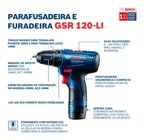 Taladro atornillador inalámbrico de 10mm Bosch GSR 120-LI 12V + 1 batería de 2Ah + accesorio con maletín de transporte 127V/220V
