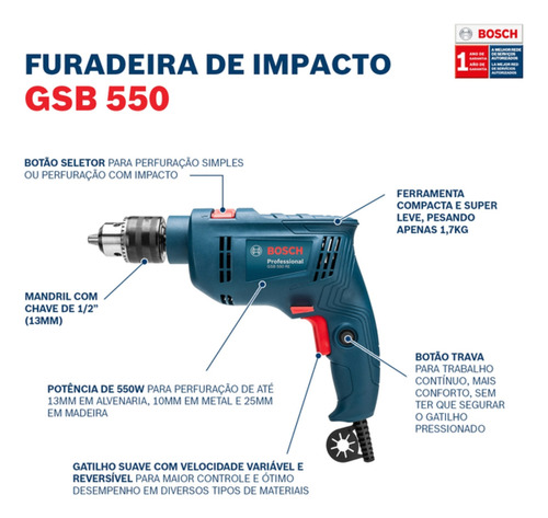 Furadeira Impacto 11a0 Gsb 550 220v C/ 14pcs - Bosch Azul