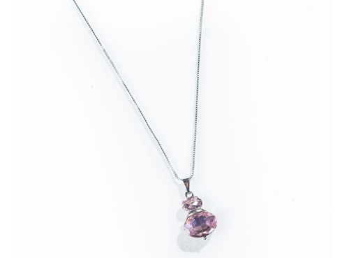 Cadena Collar Dije Piedra Doble Strass Rosa Claro. Plateado.