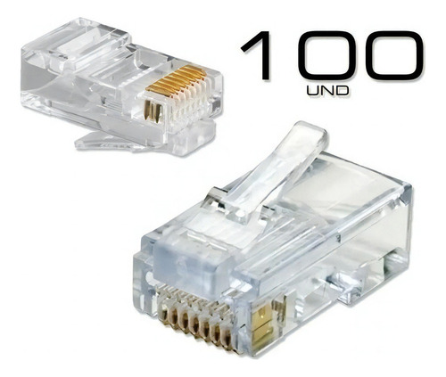 Kit 100 Conector Rj45 Utp Cat5e Banho De Ouro Cabo De Rede Até 1 Gigabit 100mhz