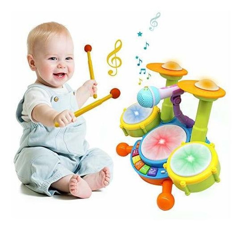 Bateria Para Bebes Con Baquetas Microfono Luces Y Sonido