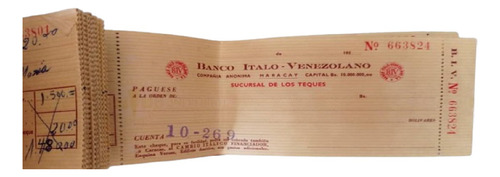 Chequera Banco Italo Venezolano Años 50 Coleccion