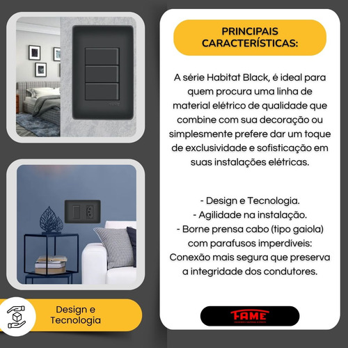 Kit Interruptor Triplo + Interruptor Com Tomada 20a Preta