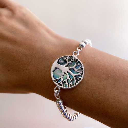 Imagen 5 de 10 de Pulsera Plata 925 Árbol De La Vida Concha De Abulón Agálea