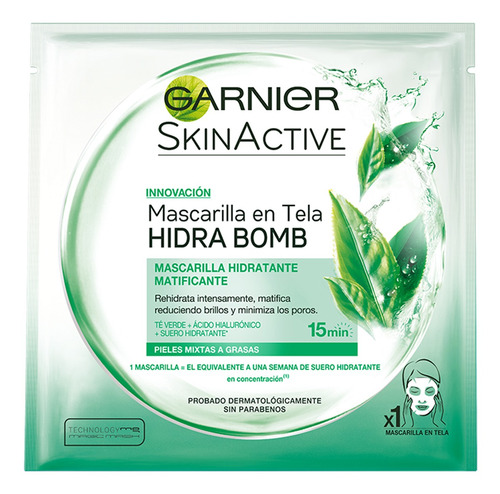 Mascarilla Tela Garnier Skin Active Green Tea Hidra Bomb 6u