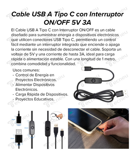 Cable Usb Tipo C 1m Interruptor On / Off 5v 3a Carga Rápida