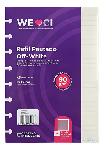 Refil Inteligente Pautado Off-white 90gr A5 Pequeno 50 Fls