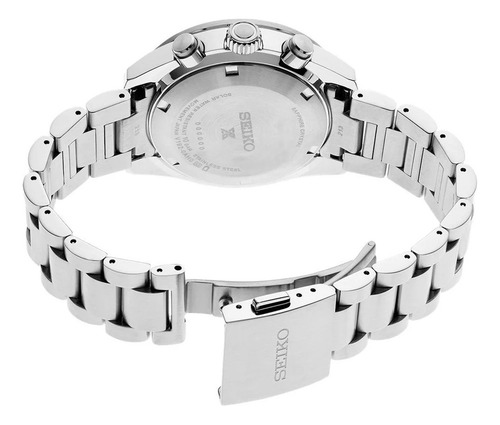 Reloj Seiko Hombre Chrono Prospex Speedtimer Energia Solar Malla Plateado Bisel Negro Fondo Azul Claro