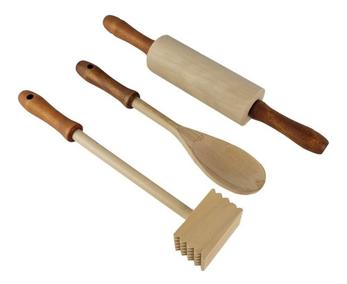 Set Cuchara Bate Bife Y Palo De Amasar Madera Ferpa Torneado Color Marrón