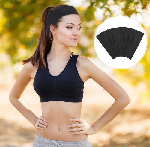 Paq. 12 Diademas Negras Deportivas Para Mujer, Tela Elástica
