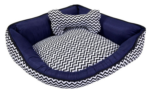 Colchonete Cama Pet Caminha Casa Laura Enxovais Zigzag Azul Marinho Com Almofada Ossinho Estampado Luxo 100% Algodão Tamanho Extra Grande