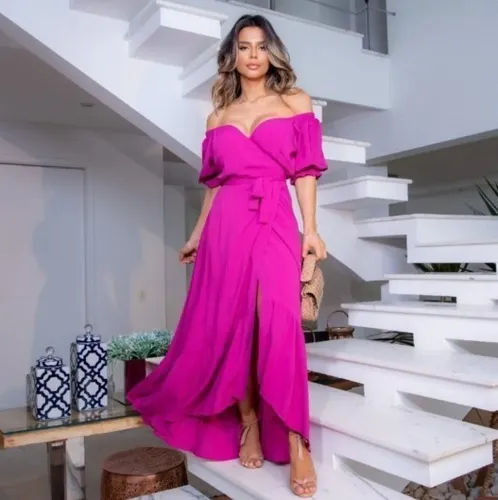 Vestido longo envelope com babado sales