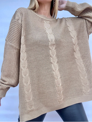 Maxi Sweater Trenzado Cuello Redondo Talle Especial Mujer