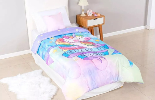 Acolchado Unicornio Cree En La Magia Reversible Hermoso