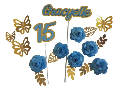 comprar Topo De Bolo 15 Anos Flores E Borboletas Azul E Dourado Nome