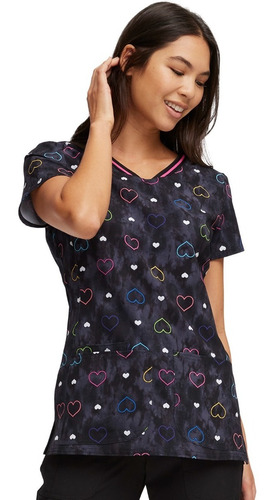 Top Medico Estampado Uniforme Clínico Negro Corazones