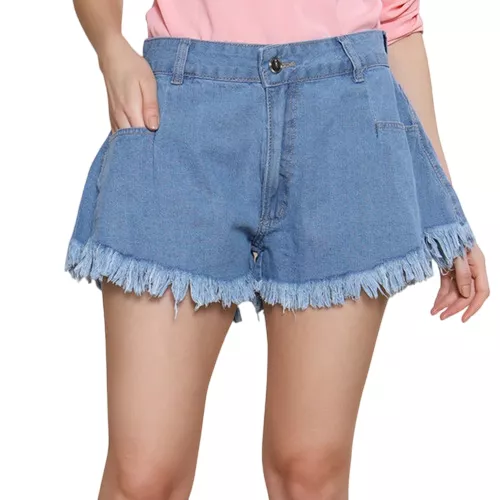 Short Jeans Feminina Largo Cintura Alta Barra Desfiada