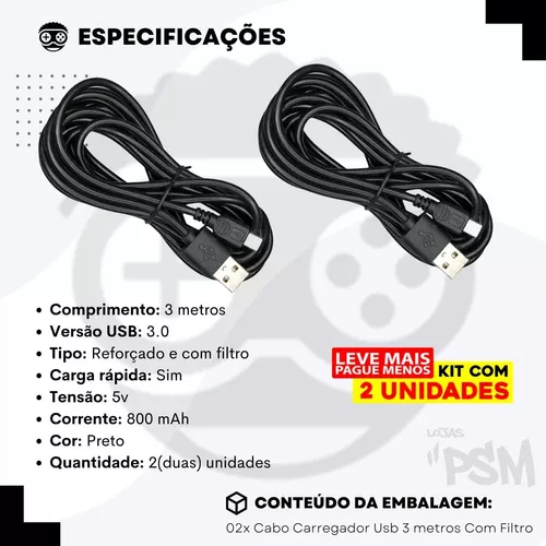 Cabo Controle 3 Metros Compatível Xbox One Jogar Notebook Pc