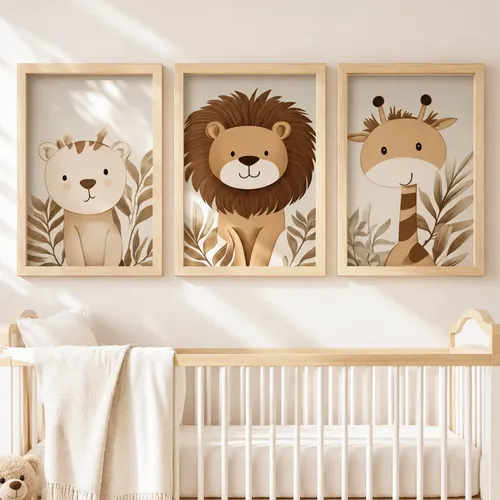 Kit 3 Quadros Decorativo Quarto Infantil Animais Safari Bebe